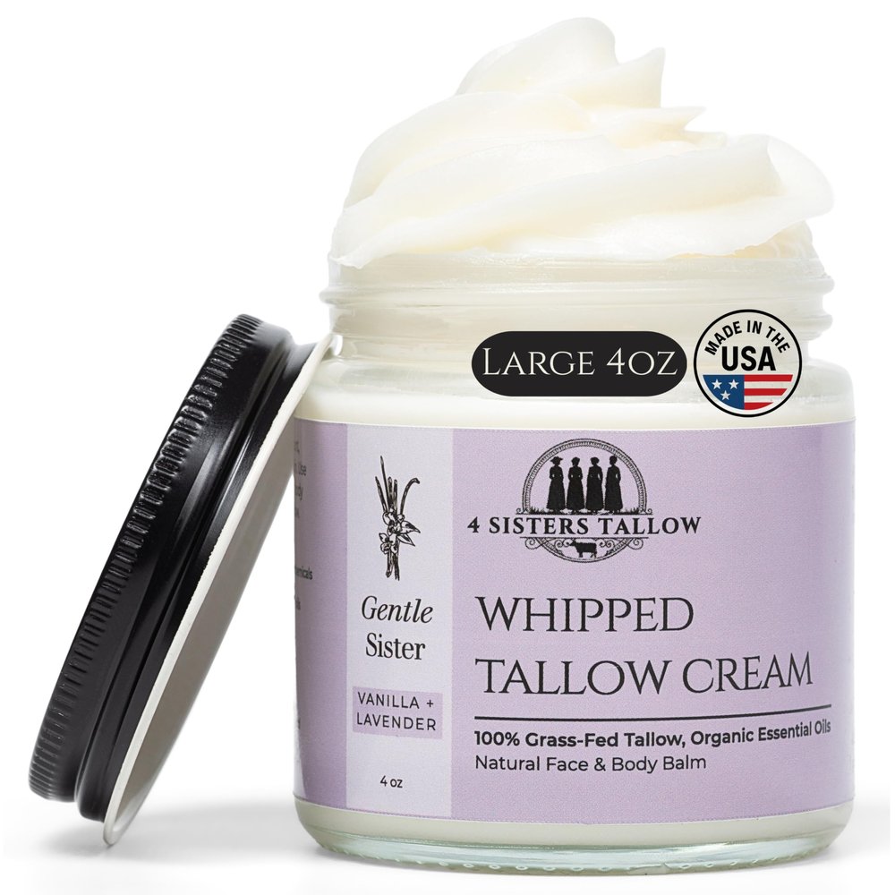 100% Grass Fed Beef Tallow For Face & Skin - All Natural Tallow Face Cream - Whipped Moisturizer Lotion - Made in USA - 100% Organic Essential Oils - Lrg 4 Fl Oz - Gentle Sister (Vanilla Lavender)