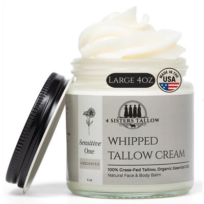 100% Grass Fed Beef Tallow For Face & Skin - All Natural Tallow Face Cream - Whipped Moisturizer Lotion - Made in USA - 100% Organic Essential Oils - Lrg 4 Fl Oz - For Sensitive Skin - (Unscented)