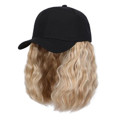 Lansigreen Baseball Cap with Hair Extensions Hat Wig Adjustable Hat Attached Curly Wave 14" Synthetic Hairpiece for Women Bleach Blonde mix Light Blonde