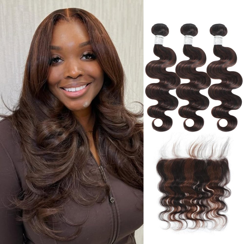 AUROO #F2/4 Chocolate Brown Highlighted Body Wave Bundles with 13x4 HD Lace Frontal Human Hair, 12A Ombre Colored Dark Brown 3 Bundles and Frontal Ear To Ear Free Part Wavy Weaves Sew In 12 14 16+10
