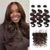 AUROO #F2/4 Chocolate Brown Highlighted Body Wave Bundles with 13x4 HD Lace Frontal Human Hair, 12A Ombre Colored Dark Brown 3 Bundles and Frontal Ear To Ear Free Part Wavy Weaves Sew In 12 14 16+10 view 1