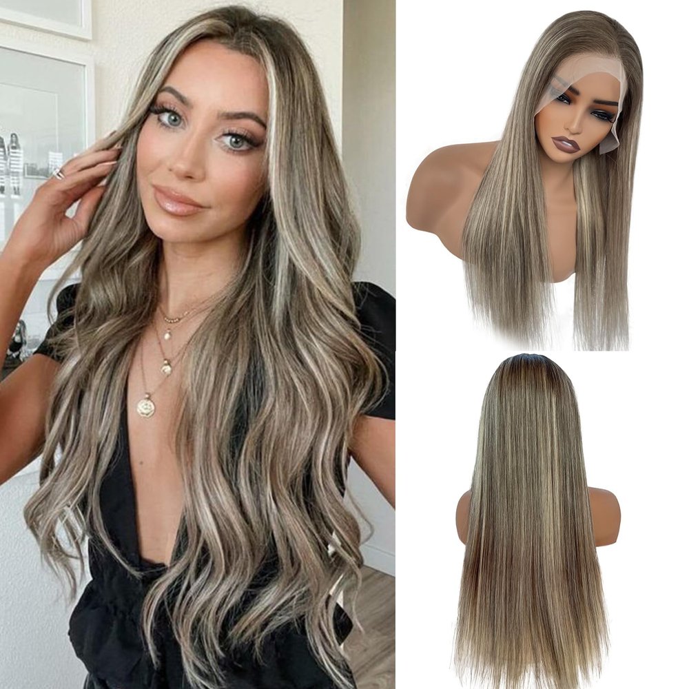 Munx 180% Density Ash Brown Straight Lace Front Wigs for Women, Pre Plucked Human Hair Wig Dark Brown Roots 13x6 Free Part HD Highlight Lace Front Wigs Human Hair Bleached Knots 22in