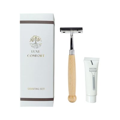 Luxe Comfort Classic Shaving Set, Wooden Handle Safety Razor with Shaving Cream, White and Gold, 4-Packs