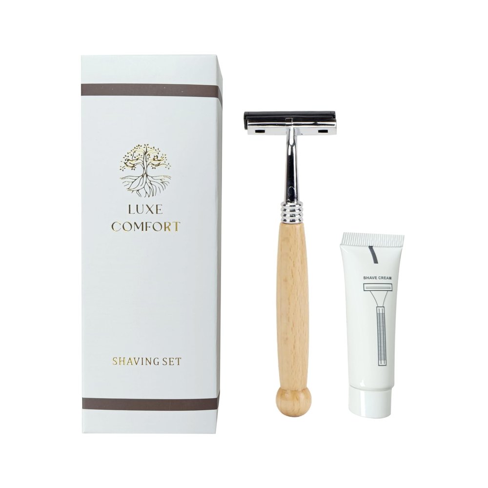 Luxe Comfort Classic Shaving Set, Wooden Handle Safety Razor with Shaving Cream, White and Gold, 4-Packs