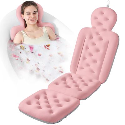 Bath Cushion, Full Body Bathtub Pillow with 160 Suction Cups, Bath Mat for Head and Neck Support, with Laundry Bag (Light Pink, 56.2" x 16.2")