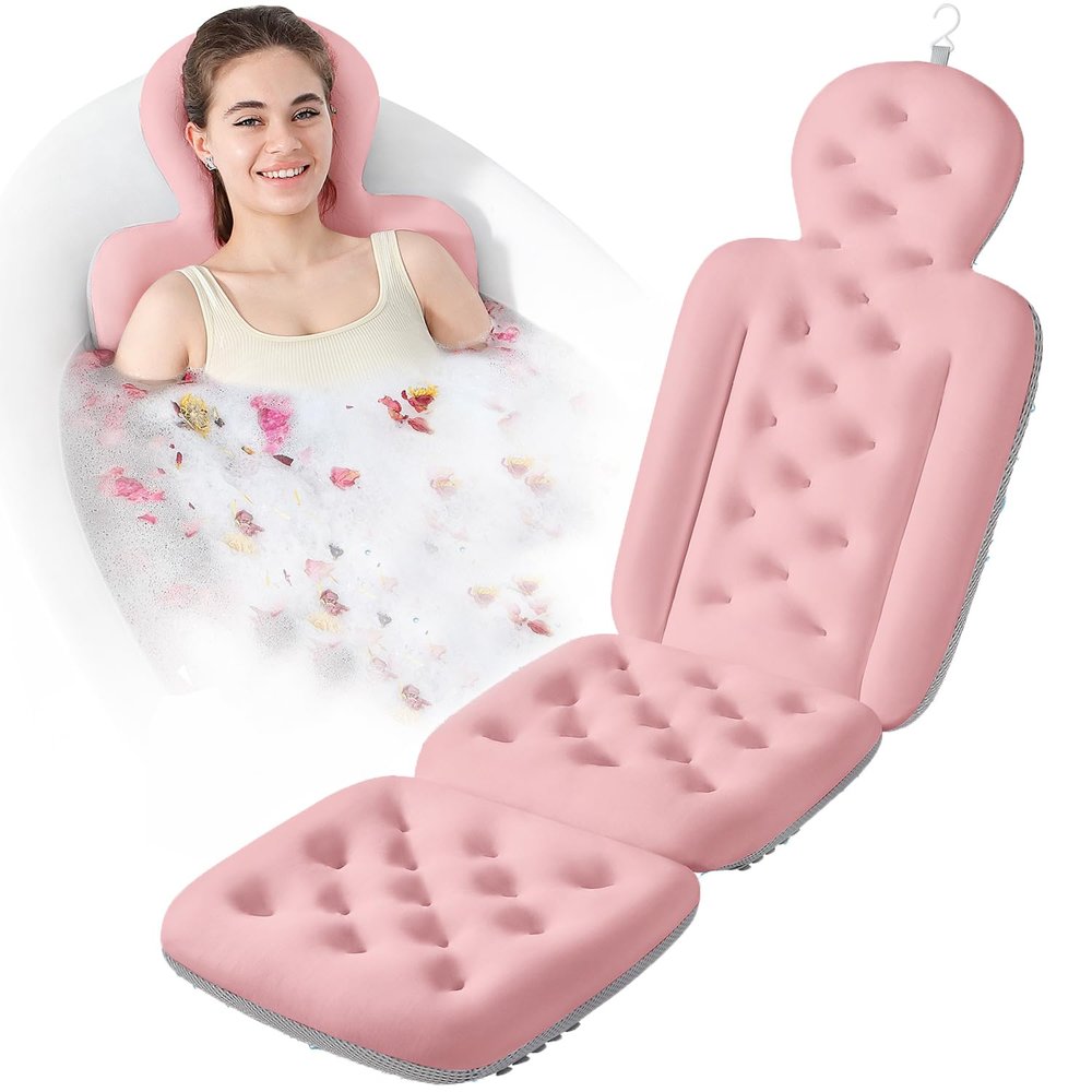Bath Cushion, Full Body Bathtub Pillow with 160 Suction Cups, Bath Mat for Head and Neck Support, with Laundry Bag (Light Pink, 56.2" x 16.2")