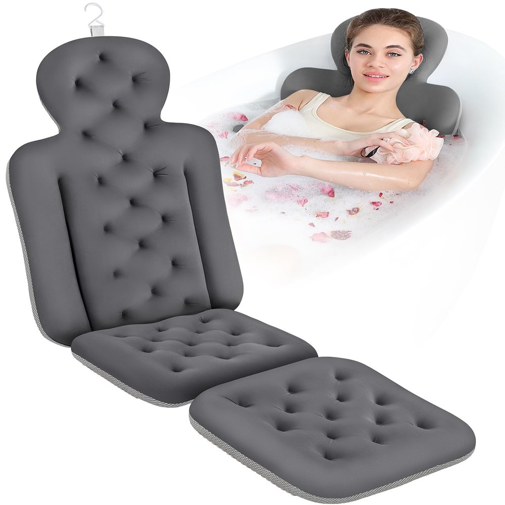 Bath Cushion, Full Body Bathtub Pillow with 160 Suction Cups, Bath Mat for Head and Neck Support, with Laundry Bag (Dark Gray, 51" x 16")