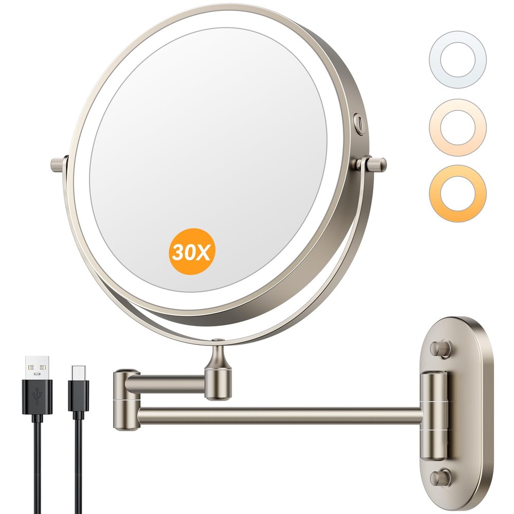 Auxmir 1X/30X Wall Mounted Lighted Makeup Mirror, 8" 3200 mAh Rechargeable Double-Sided Magnifying Mirror, Touch Dimmable 3 Color Lights, 360 Rotating Foldable 14.5" Extension Arm, Brushed Nickel