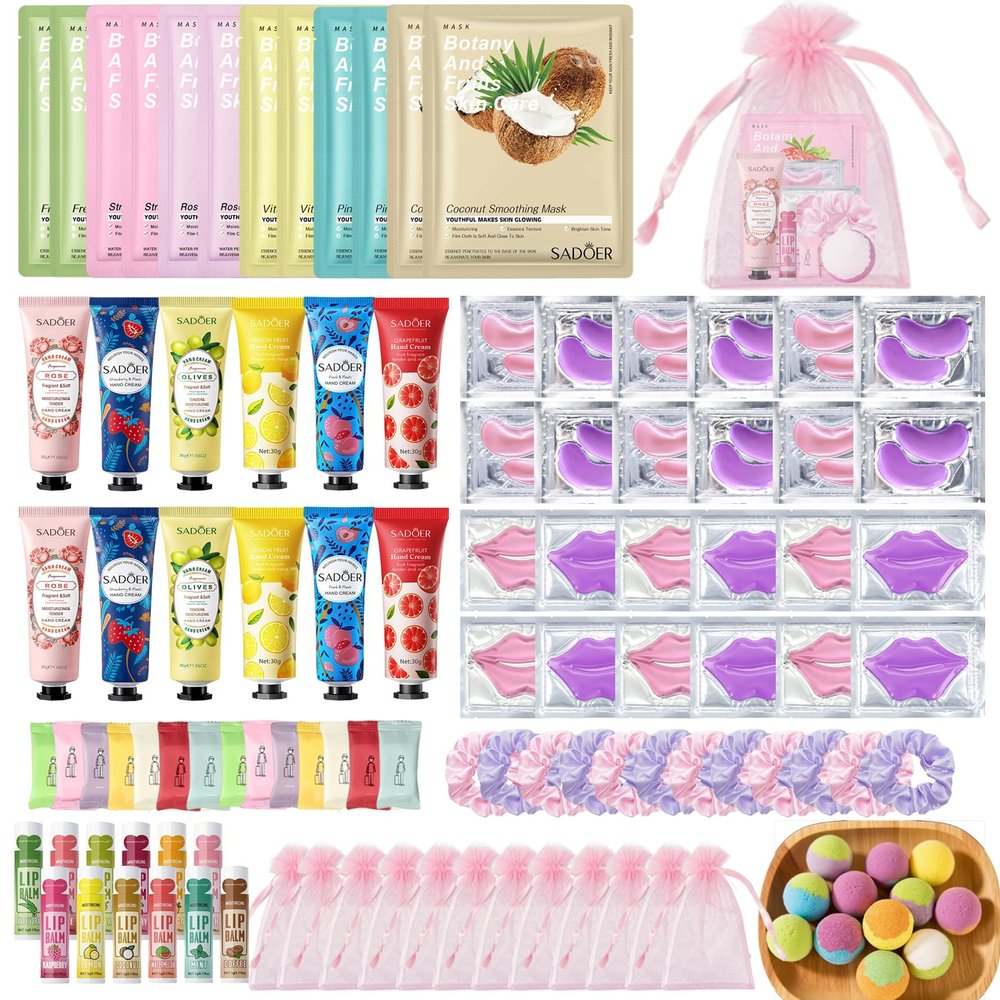 108 PCS Spa Party Supplies for Women, Spa Party Favors Include Facial Masks, Lip Mask, Lip Balm, Under Eye Patches, Foot Bath Bombs & Hand Cream, Christmas Gifts for Women Birthday Sleepover Party