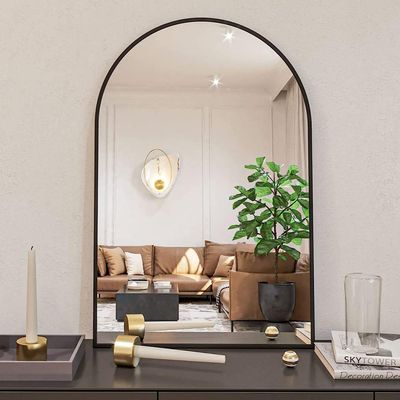 24x36 Inch Black Metal Framed Arched Bathrrom Mirror for Wall.(W2203134097) (Black + Aluminum + MDF + Mirror + MDF+Glass)