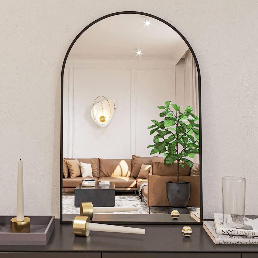 24x36 Inch Black Metal Framed Arched Bathrrom Mirror for Wall.(W2203134097) (Black + Aluminum + MDF + Mirror + MDF+Glass)