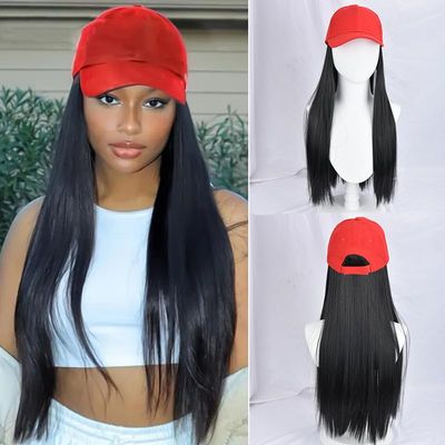 ASAYUMI Baseball Cap with Attached Long Straight Black Hair Extension Wig, 22 Inches, Red Baseball Cap Adjustable Hat with Hair for Women
