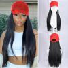 ASAYUMI Baseball Cap with Attached Long Straight Black Hair Extension Wig, 22 Inches, Red Baseball Cap Adjustable Hat with Hair for Women view 1