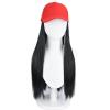 ASAYUMI Baseball Cap with Attached Long Straight Black Hair Extension Wig, 22 Inches, Red Baseball Cap Adjustable Hat with Hair for Women view 3
