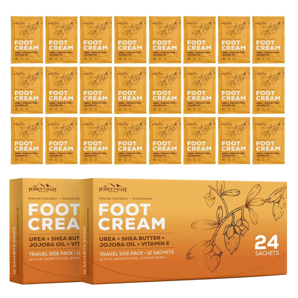 Pumice Valley Foot Cream Travel Pack 24 Pcs for Dry Cracked Feet and Heels - Natural Moisturizer, Corn, Calluses Treatment - Skin, Body Lotion, Urea, Shea Butter, Jojoba Oil, Vitamin E 4 Oz