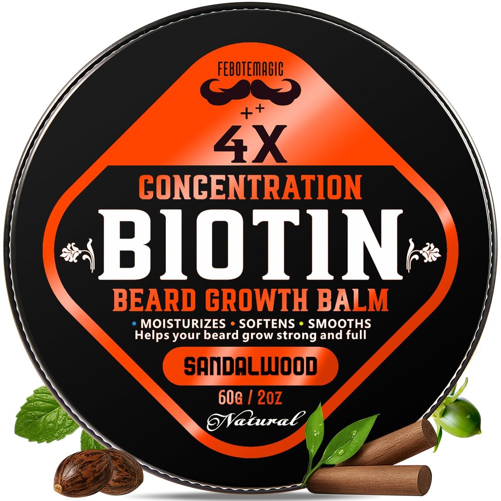 Biotin Beard Growth Balm for Men  Conditioning Balm with Castor, Shea & Jojoba Oils to Condition, Soften & Thicken Facial Hair  Non-Greasy, Sandalwood Scent  2 oz Grooming Kit