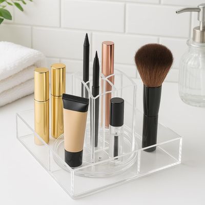 OnDisplay Abby Rotating Clear Acrylic Makeup Organizer  Minimalist Cosmetic Storage for Brushes, Lipsticks, Palettes & More