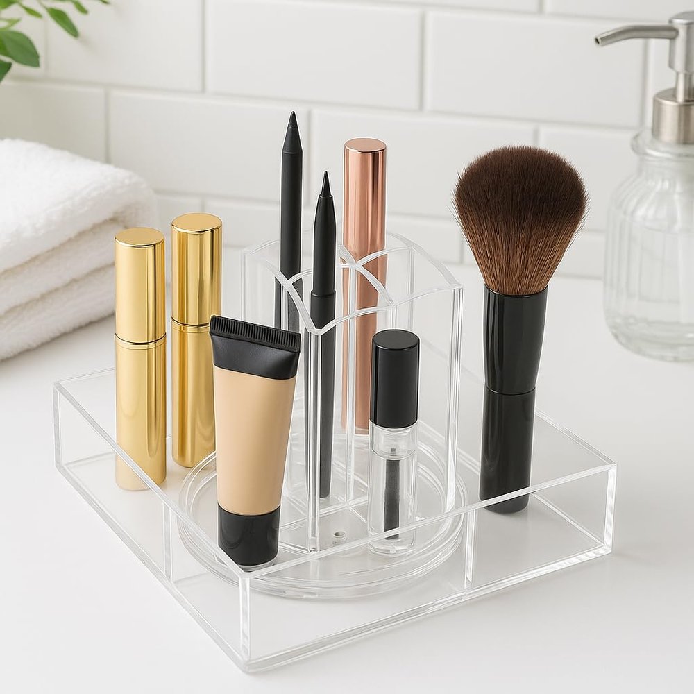 OnDisplay Abby Rotating Clear Acrylic Makeup Organizer Minimalist Cosmetic Storage for Brushes, Lipsticks, Palettes & More