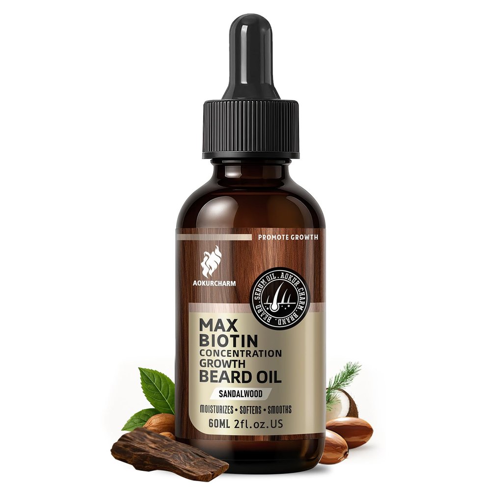 aokur Biotin Beard Growth Oil for Men - Vitamin B5 & Castor Oil Formula, Nourish & Thicken Facial Hair, Daily Beard Care, Styling & Taming, Hydrating, Non-Greasy, Sandalwood 2oz Gift for Him