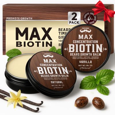 2 Pack Biotin Beard Balm Set for Men  Natural & Vanilla Butters  Non-Itchy, Moisturize, Strengthen & Shape Beards  Grooming Gift Set for Father's Day, Anniversaries, Christmas (Natural & Vanilla)