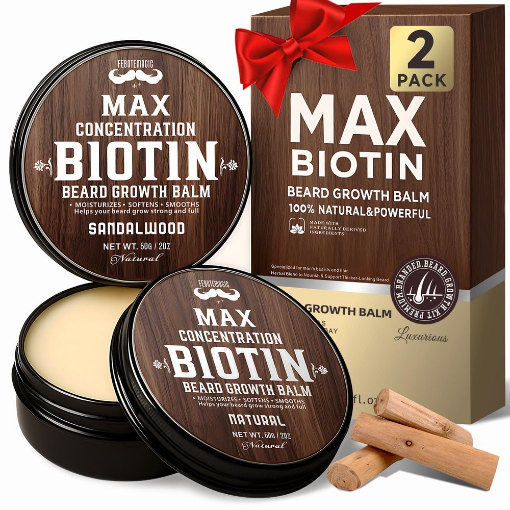 FEBOTE 2 Pack Biotin Beard Balm Set for Men Natural & Sandalwood Butters Non-Itchy, Moisturize, Strengthen & Shape Beards Grooming Gift Set for Father's Day, Anniversaries, Christmas