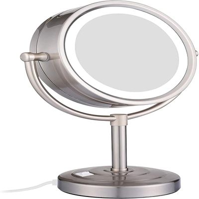 8.5 Inch Tabletop LED Lighted Makeup Mirror with Magnification, Brushed Nickel Double Sided Desk Vanity Mirror, Plug PoweredChrome,5X