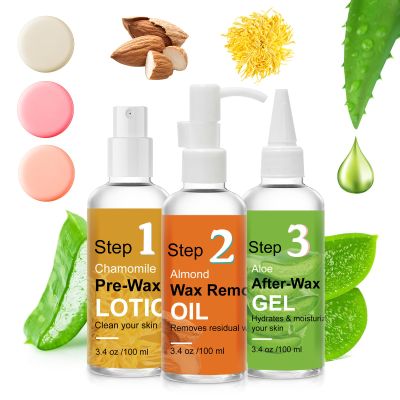 Pre Wax Spray and After Wax Spray, Triple-bottle Skin Care Set with Pre-wax Cleanser, Wax Remover Oil and Skin Soother Organic Aloe Vera Gel for Sensitive Skin - 100ML