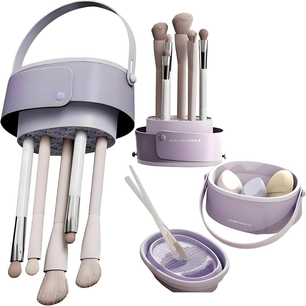 3-in-1 Makeup Brush Cleaner & Drying Rack | Foldable Silicone Mat for Foundation, Powder, Eyeshadow Brushes | Portable Travel Case, No Power NeededPurple