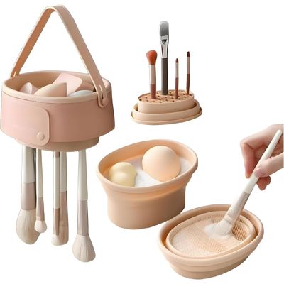 3-in-1 Makeup Brush Cleaner & Drying Rack | Foldable Silicone Mat for Foundation, Powder, Eyeshadow Brushes | Portable Travel Case, No Power Needed (Apricot)
