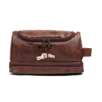 Custom Leather Toiletry Bag for Dad Personalized Hanging Travel Dopp Kit with 2-6 Names Fathers Day Gift from Son Daughter, Husband Birthday Christmas Gift, B-(2-6 Names), Classic