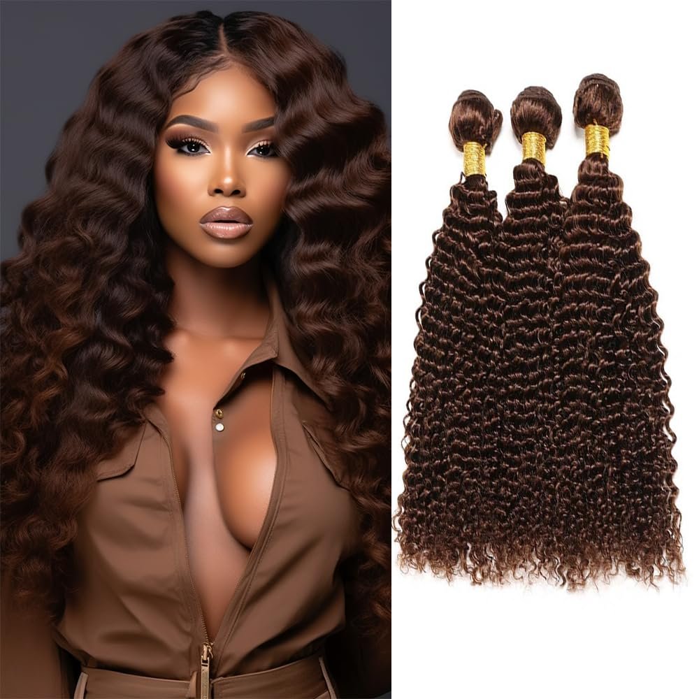 QEUOPE Color 4 Deep Wave Bundles Human Hair Dark Brown Deep Curly Wet and Wavy Bundles Double Weft Brazilian Hair Extensions Silky and Soft for Black Women (28 30 32 inch 3 Bundles)