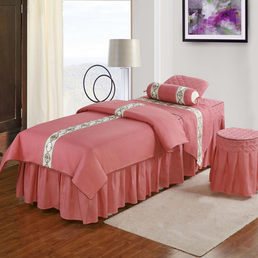 Bean,70x190cm/27.5x74.8in,4-Piece Set Massage Table Cover with Holes, Elastic Pillowcase Beauty Stool Cover Massage Linen Reusable Massage Bed Sheets Massage Table Mat