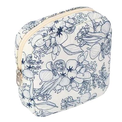 BIVIZKU Small Quilted Cosmetic Pouch for Purse, Mini Cotton Quilted Makeup Bag, Cute Make Up Pouch Bag Lipstick Holder for Women Girl (navy flower)