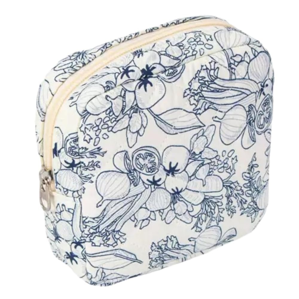 BIVIZKU Small Quilted Cosmetic Pouch for Purse, Mini Cotton Quilted Makeup Bag, Cute Make Up Pouch Bag Lipstick Holder for Women Girl (navy flower)