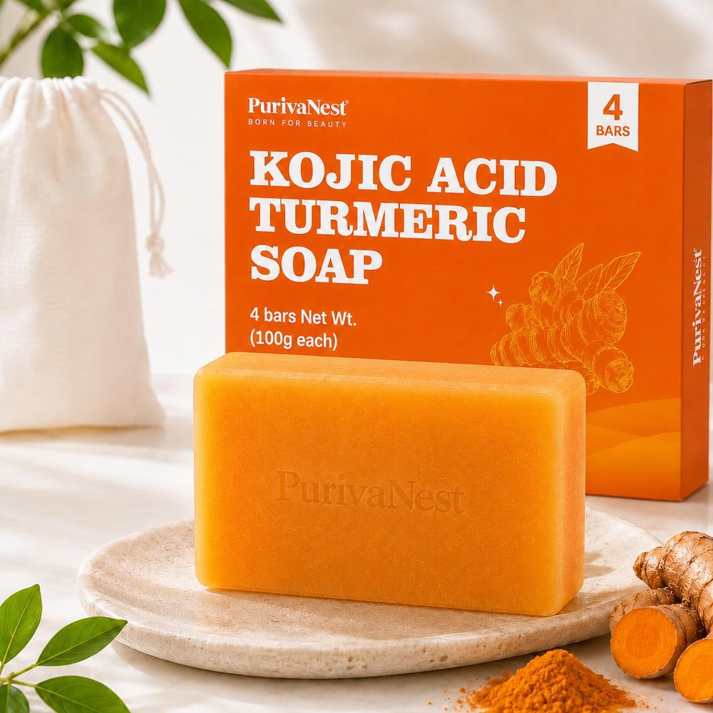 PurivvaNest Kojic Acid Turmeric Soap Bar Dark Spot Remover for face and body Even Skin Tone, Moisturizing & Nourishing Natural Ingredients - 3.5oz(100g) x 4 Bars