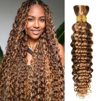 Human Braiding Hair 22 Inch 100g Ombre Highlight Deep Wave Bulk No Weft Curly Bundles Human Hair Extensions for Boho Knotless Braids Wet and Wavy (4/27)