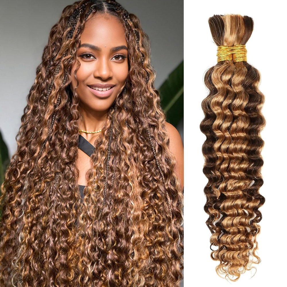 Human Braiding Hair 22 Inch 100g Ombre Highlight Deep Wave Bulk No Weft Curly Bundles Human Hair Extensions for Boho Knotless Braids Wet and Wavy (4/27)