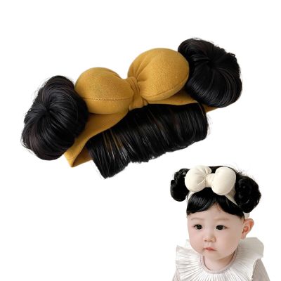 anilifier Baby Wig Headband with Hair,Baby Wigs Bows Accessories with 2 Bangs,Lovely Bowknot Wigs Headwear for Girls(Turmeric)
