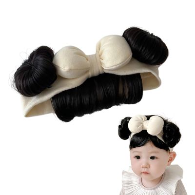 anilifier Baby Wig Headband with Hair,Baby Wigs Bows Accessories with 2 Bangs,Lovely Bowknot Wigs Headwear for Girls(Off-White)