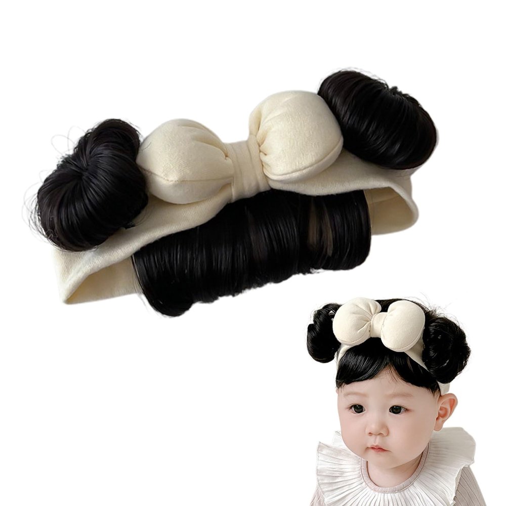 anilifier Baby Wig Headband with Hair,Baby Wigs Bows Accessories with 2 Bangs,Lovely Bowknot Wigs Headwear for Girls(Off-White)