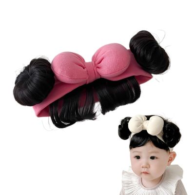 anilifier Baby Wig Headband with Hair,Baby Wigs Bows Accessories with 2 Bangs,Lovely Bowknot Wigs Headwear for Girls(PinkB)