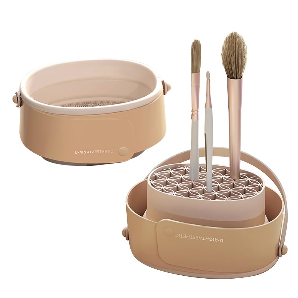 DEYUNQIANG Foldable silicone makeup brush cleaning bowl, makeup tool cleaning bowl, makeup brush cleaning tool storage and drying rack(purple) (khaki)