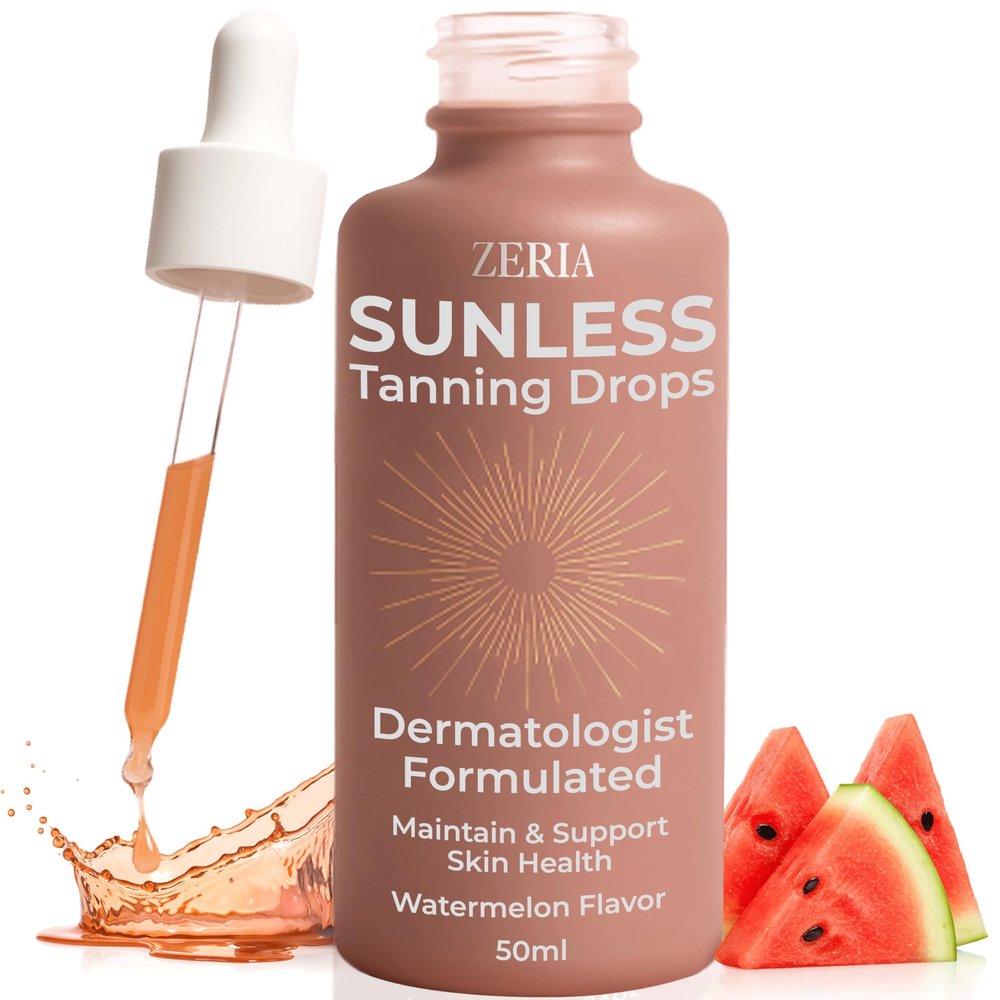 Zeria Tanning Drops to Drink Sunless Tanning Drops for Face & Body Vegan, Edible Self Tanner with Beta-Carotene, Tyrosine, & Copper Natural Glow & Melanin Booster Watermelon Flavor 50mL