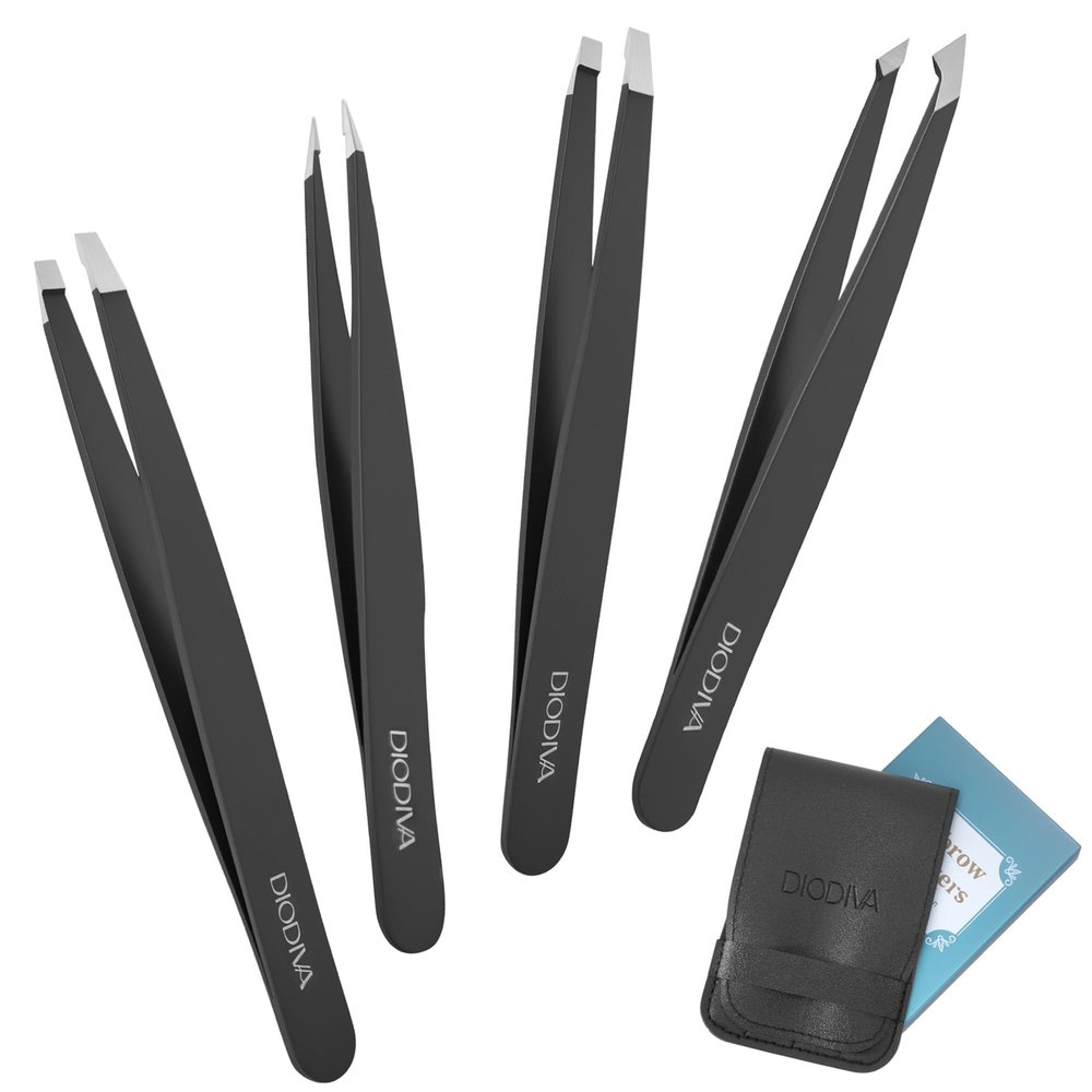 4-Pack Tweezers for Eyebrows Facial Hair, Ingrown Hair Removal, Tweezer Set with Case for Women and Men, Professional Stainless Steel Precision pinza de cejas Stocking Stuffers Christmas Gifts -Black