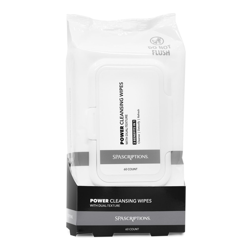 SPASCRIPTIONS Power Detox Makeup Cleansing Towelettes, 60 Ct. Dual-Texture Wipes with Charcoal & Aloe, 3-in-1 to Cleanse, Detoxify & Refresh Skin, Deep-Cleansing Face Wipes (1 Pack)