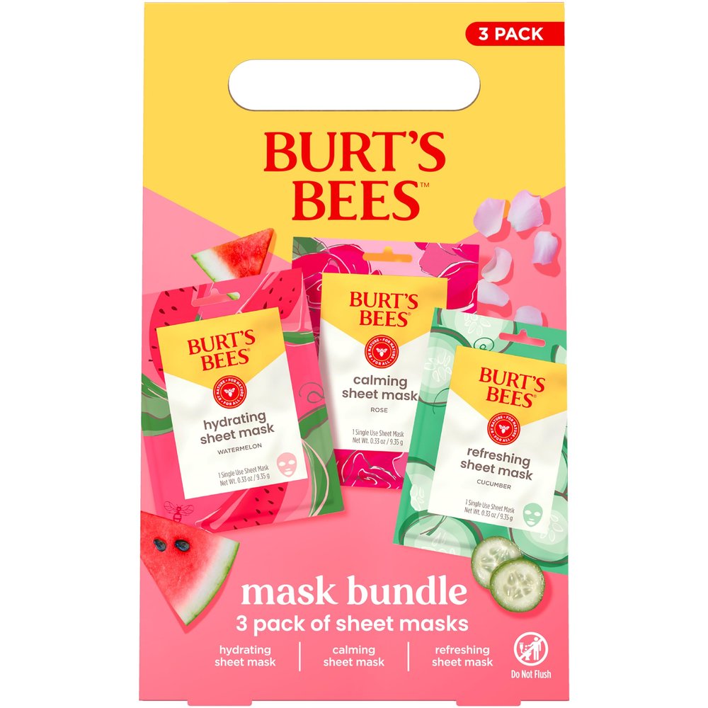 Burt's Bees Christmas Gifts - Face Mask Bundle Set, Hydrating Watermelon, Calming Rose, & Refreshing Cucumber, Face Sheet Masks for Single Use Skin Care, 99% Natural Origin, 3 Count, 0.33oz Each