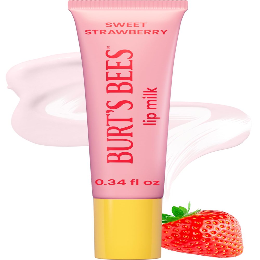 Burts Bees Stocking Stuffers, Lip Milk, Daily Lip Moisturizer, Sweet Strawberry, Vitamin Enriched Moisturizing Lip Balm with Almond Milk and Jojoba Oil, Hydrating for Softer Lips, 1 Tube, 0.34 Fl Oz