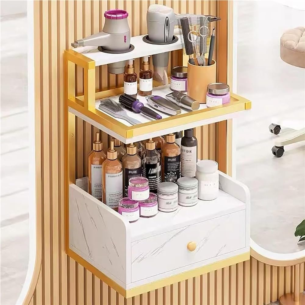 SMGCEHC Salon Wall Mount Styling Station with 2 Hair Dryer Holes and Storage Drawers, Metal Frame Salon Furniture Hairdressing Station for Beauty Salons, Barber Stores(White)