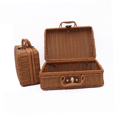 Alipis Woven Makeup Organizer Handle Vintage Cosmetic Storage Box 22x17x11CM Portable Woven Cosmetics Holder for Travel and Home Use