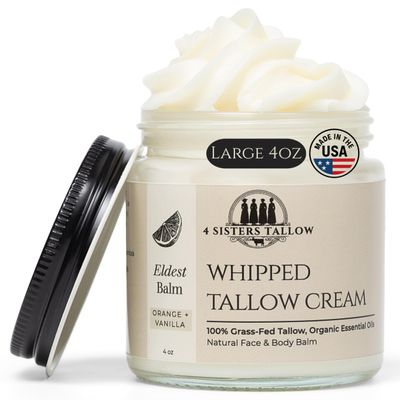 100% Grass Fed Beef Tallow For Face & Skin - All Natural Tallow Face Cream - Whipped Moisturizer Lotion - Made in USA - 100% Organic Oils - Lrg 4 Fl Oz - Eldest Balm (Orange, Vanilla & Frankincense)